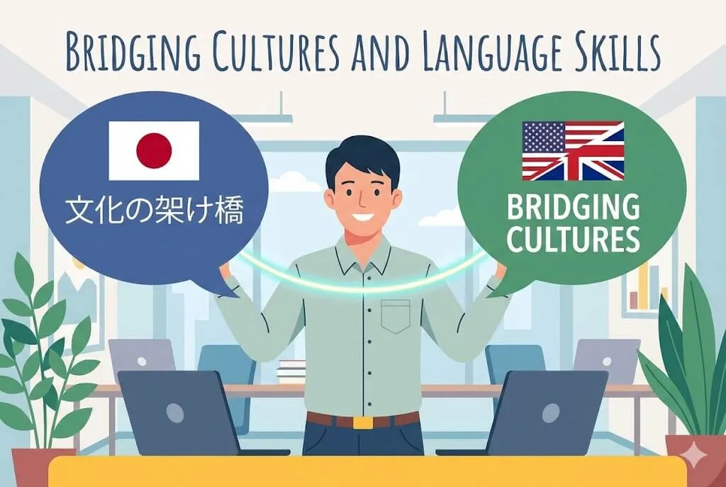 Minh họa cây cầu nối giữa bong bóng hội thoại tiếng Anh và tiếng Nhật