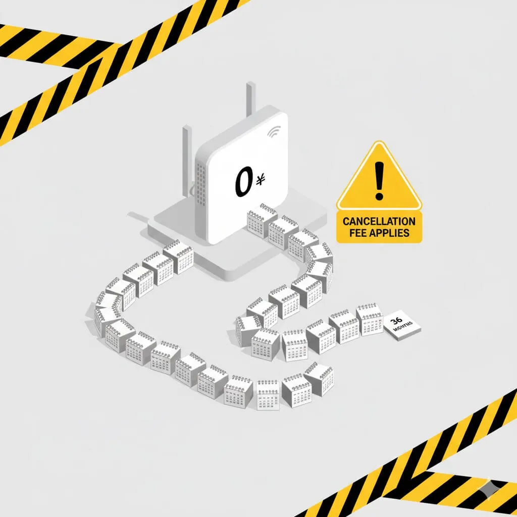 Hình ảnh cục router ghi 0 yên nhưng đằng sau là sợi xích lịch 36 tháng và hóa đơn