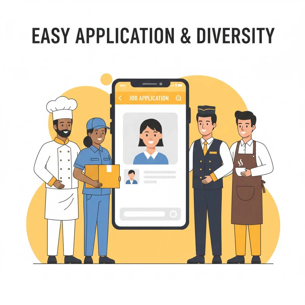 Minh họa quay video hồ sơ bằng điện thoại và những người mặc đồng phục đa dạng