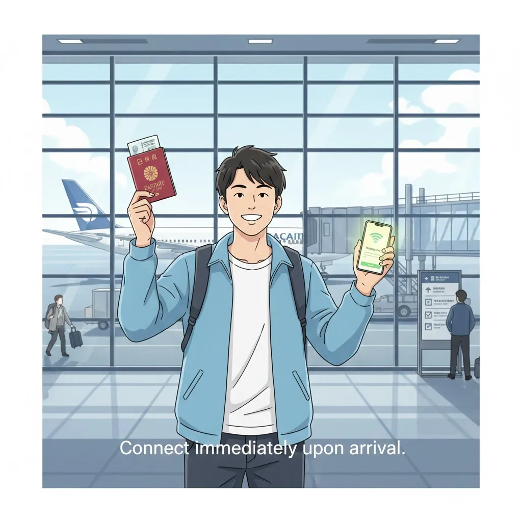 Du khách sử dụng điện thoại thông minh ngay khi đến sân bay Nhật Bản