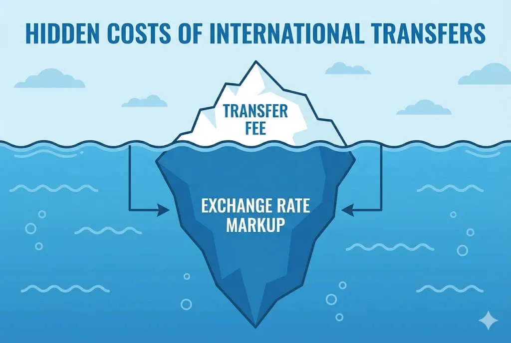 Đồ họa tảng băng trôi hiển thị phí chuyển tiền là phần nổi và phí chênh lệch tỷ giá là phần chìm khổng lồ