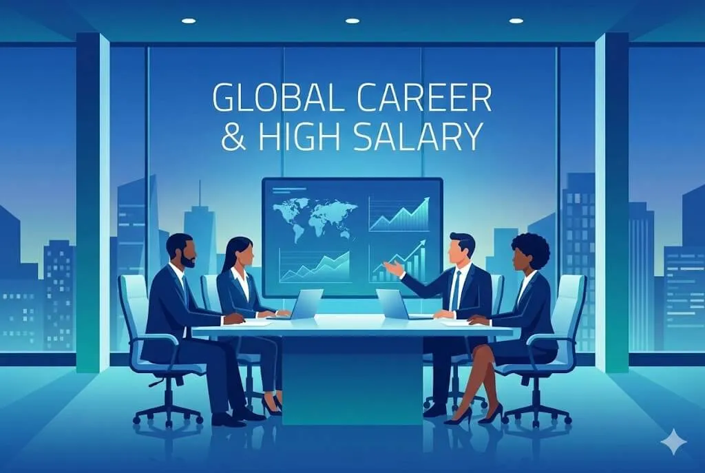 Minh họa cuộc họp trong tòa nhà cao tầng, gợi ý không khí toàn cầu và mức lương cao