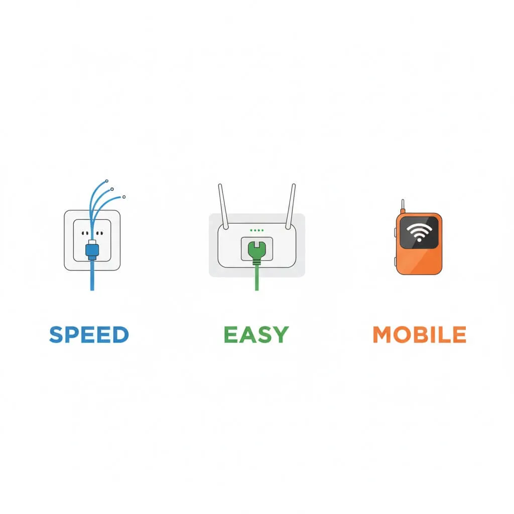 So sánh biểu tượng Cáp quang, Wifi Cắm điện và Wifi Cầm tay