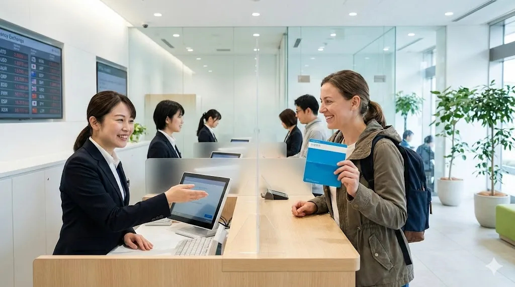 Illustration of a foreigner opening a bank account at a Japanese bank counter
