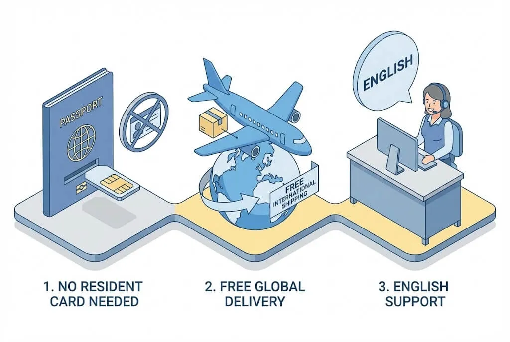 3 đặc điểm của Mobal: Đăng ký chỉ cần Hộ chiếu, Miễn phí vận chuyển quốc tế, Hỗ trợ tiếng Anh