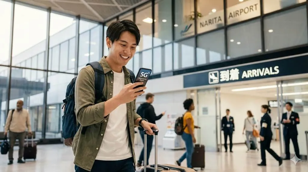 Larawan ng isang dayuhang traveler na gumagamit ng smartphone sa Japanese airport gamit ang Mobal SIM card
