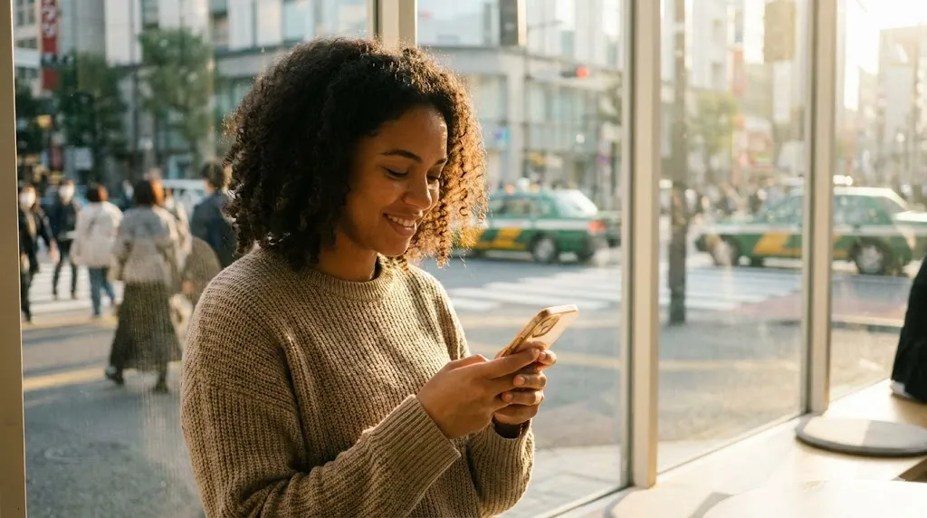 Người nước ngoài tại quán cà phê ở Nhật đang chuyển tiền về nước bằng điện thoại