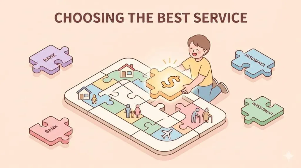 Minh họa người dùng chọn mảnh ghép dịch vụ tốt nhất