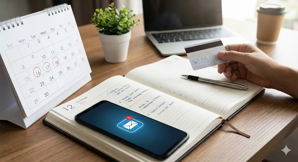 Một chiếc bàn với lịch và điện thoại thông minh, đang lên kế hoạch mua sắm.