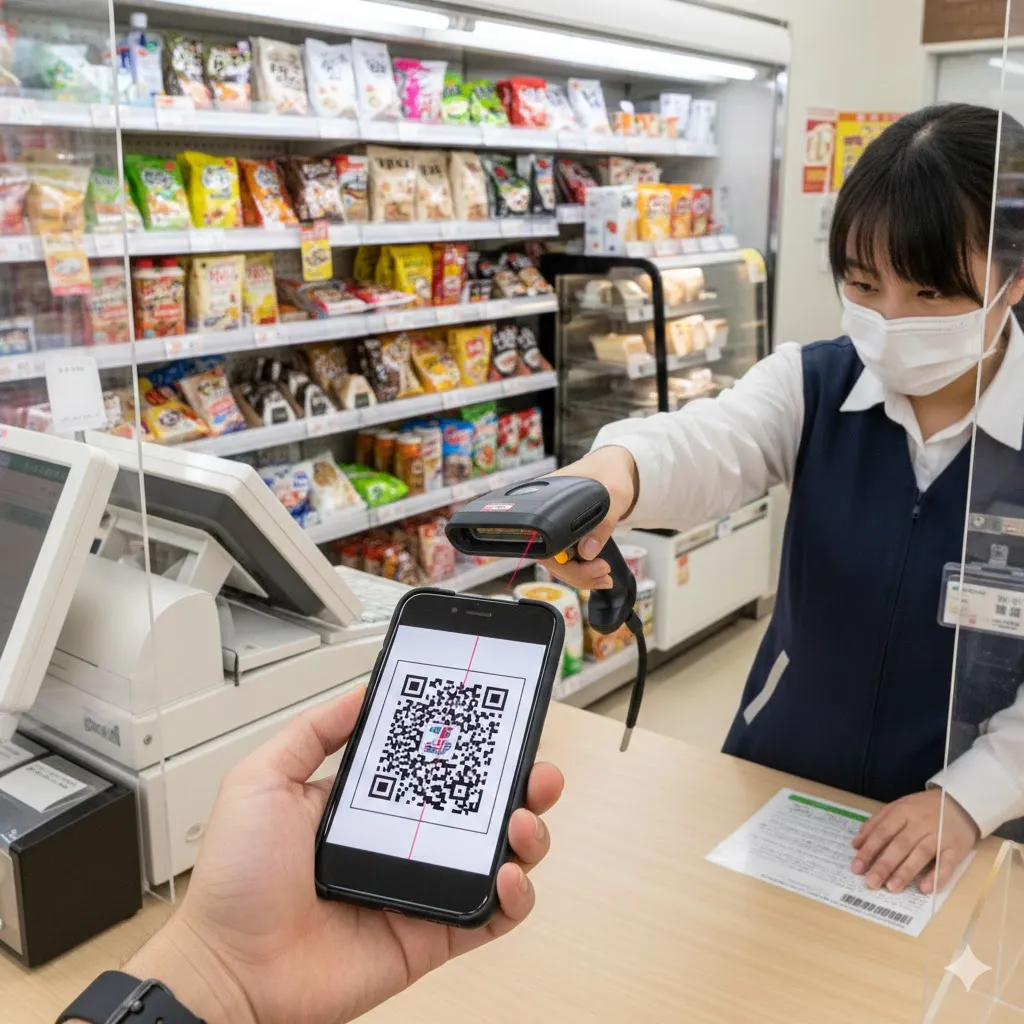 Góc nhìn thứ nhất cầm điện thoại thông minh tại quầy thu ngân cửa hàng tiện lợi Nhật Bản, hiển thị mã vạch.