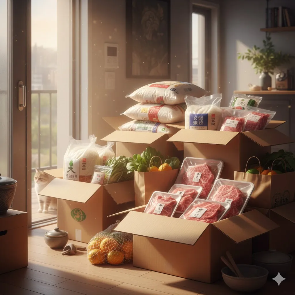 Một chồng thùng các tông mở ra để lộ những bao gạo và thịt tươi bên trong, đặt ở lối vào.