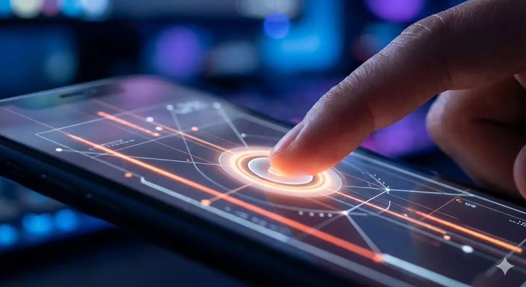 Cận cảnh ngón tay chạm vào nút kỹ thuật số phát sáng trên màn hình điện thoại thông minh.