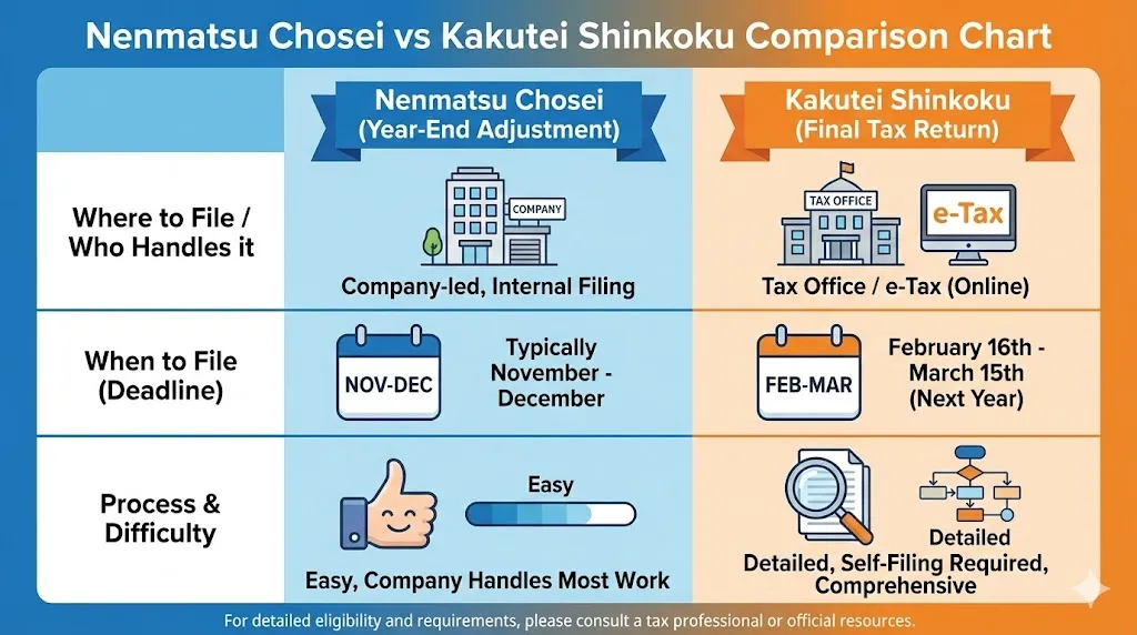 Bảng so sánh sự khác biệt giữa Điều chỉnh thuế cuối năm và Kê khai thuế tại Nhật Bản bao gồm thời hạn và yêu cầu