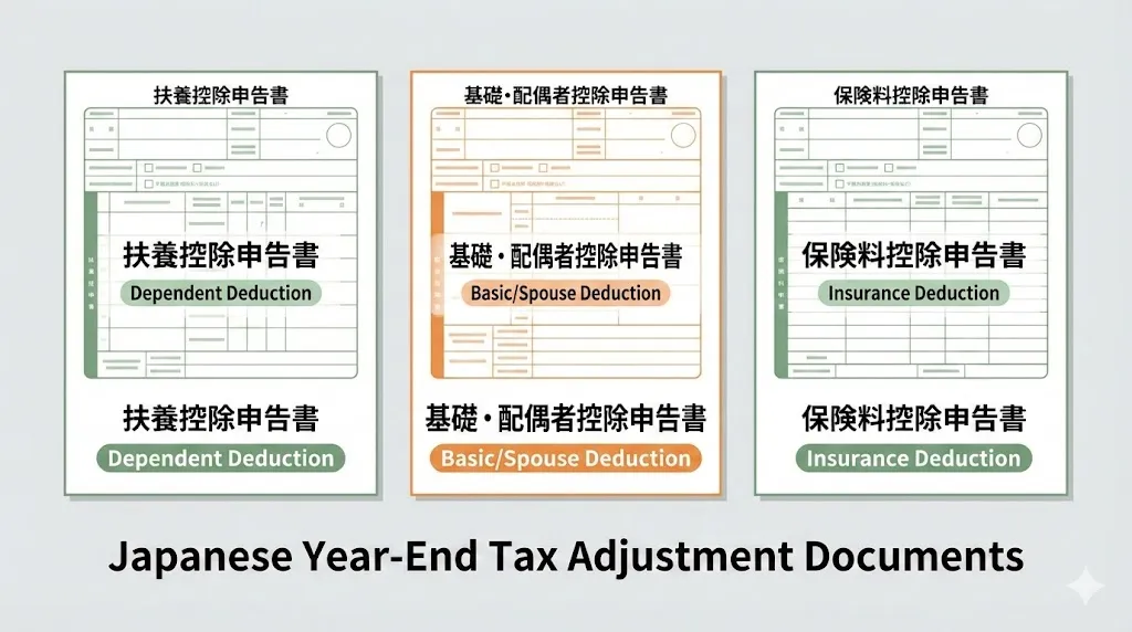 Ba mẫu giấy tờ chính cần thiết cho Điều chỉnh thuế cuối năm tại Nhật Bản: Khấu trừ người phụ thuộc, Khấu trừ cơ bản và Khấu trừ bảo hiểm
