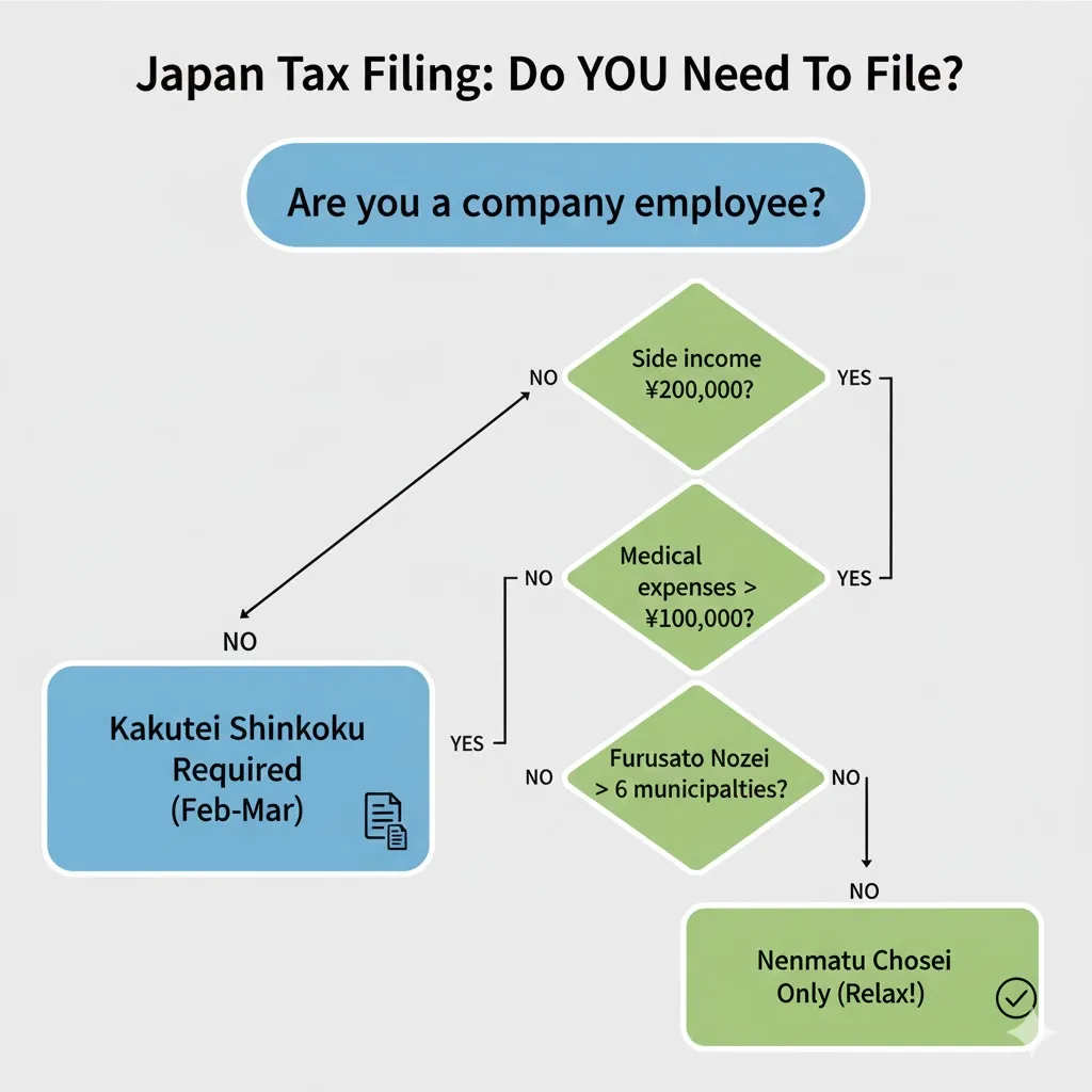 Lưu đồ hướng dẫn người nước ngoài tại Nhật Bản xem họ có cần Kê khai thuế (Kakutei Shinkoku) hay chỉ cần Điều chỉnh thuế cuối năm