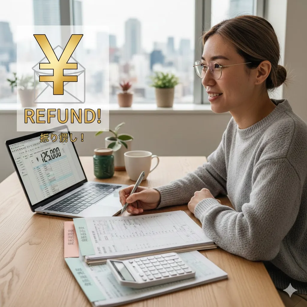 Một người nước ngoài tại Nhật Bản đang sắp xếp giấy tờ điều chỉnh thuế cuối năm và tính toán tiền hoàn thuế bằng máy tính và laptop