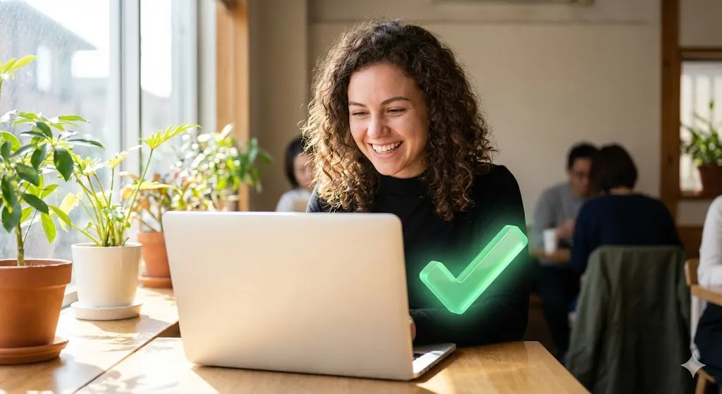 カフェで勉強する留学生と承認マーク