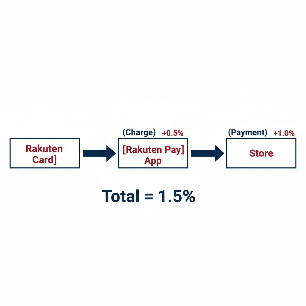 Sơ đồ cách nhận hoàn trả 1.5% điểm bằng cách nạp tiền từ thẻ Rakuten