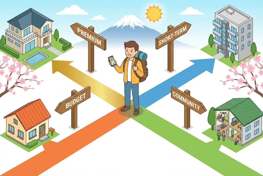 Hình minh họa đẳng trắc về một du khách đứng trước ngã tư lựa chọn con đường nhà ở