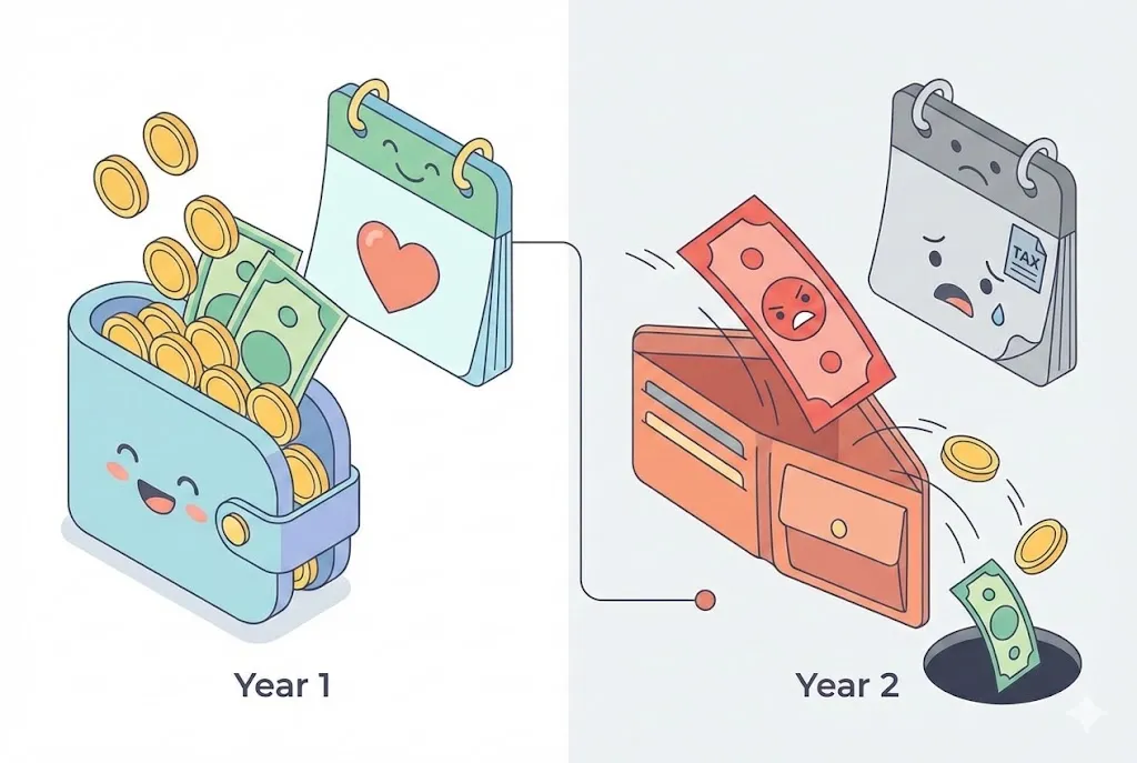 Biểu đồ dòng thời gian Thuế thị dân cho thấy năm 1 là 0 yên và bắt đầu tính tiền từ năm 2