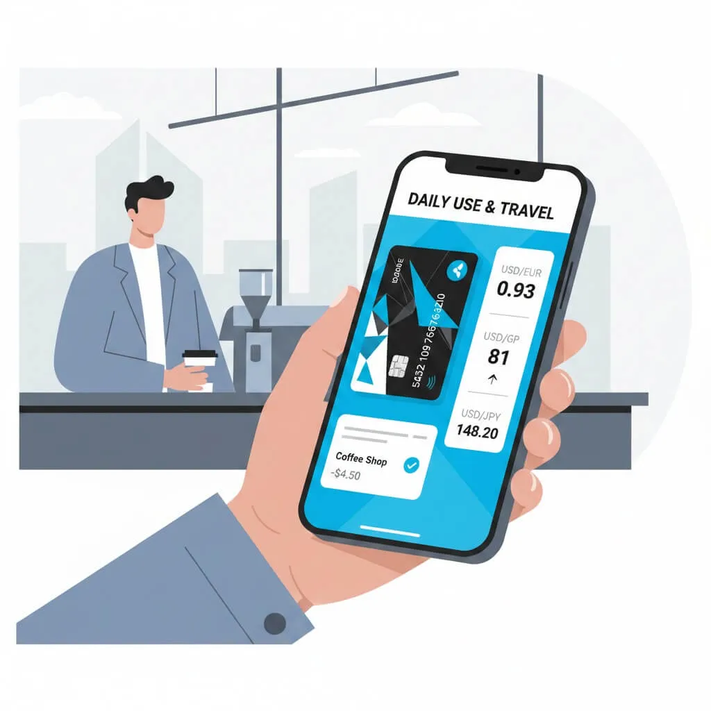 Minh họa giao diện ứng dụng fintech sành điệu và thẻ ghi nợ