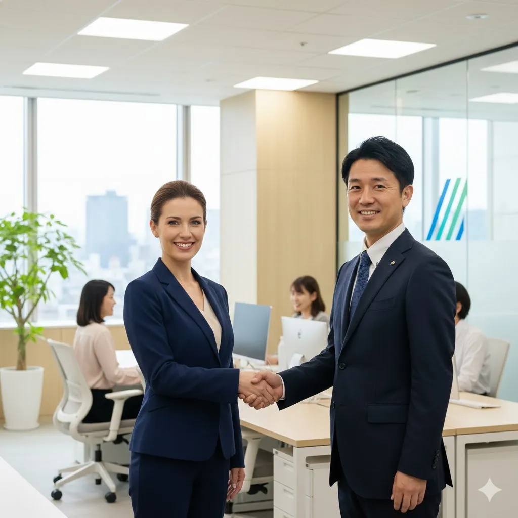 Một nhân viên nước ngoài mỉm cười tự tin trong văn phòng Nhật Bản hiện đại, đại diện cho con đường sự nghiệp an toàn