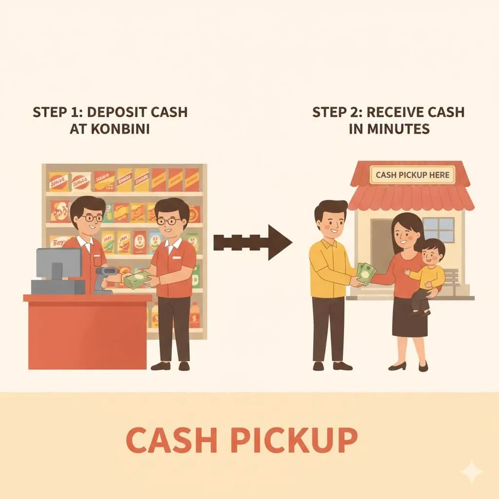 Minh họa nạp tiền mặt tại cửa hàng tiện lợi và gia đình nhận tiền mặt ở nước ngoài