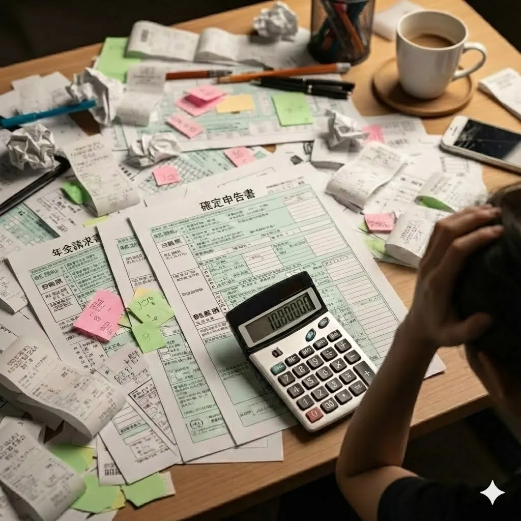 Một chiếc bàn đầy hóa đơn và giấy tờ thuế Nhật Bản, thể hiện sự bối rối khi làm Kakutei Shinkoku