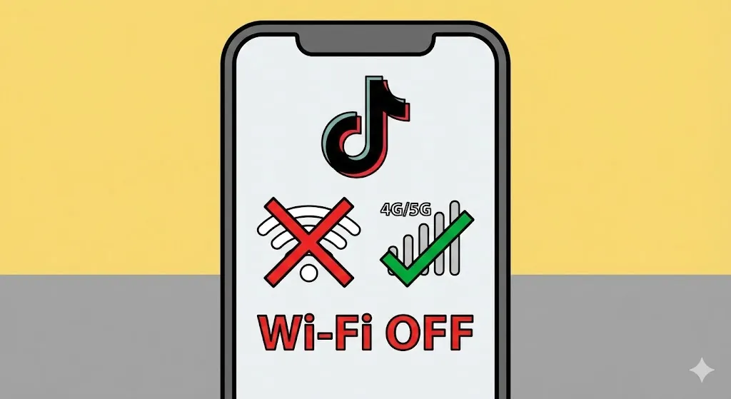 Hình minh họa màn hình điện thoại có logo TikTok, dấu X đỏ trên biểu tượng Wi-Fi và dấu tích xanh trên biểu tượng 4G/5G.