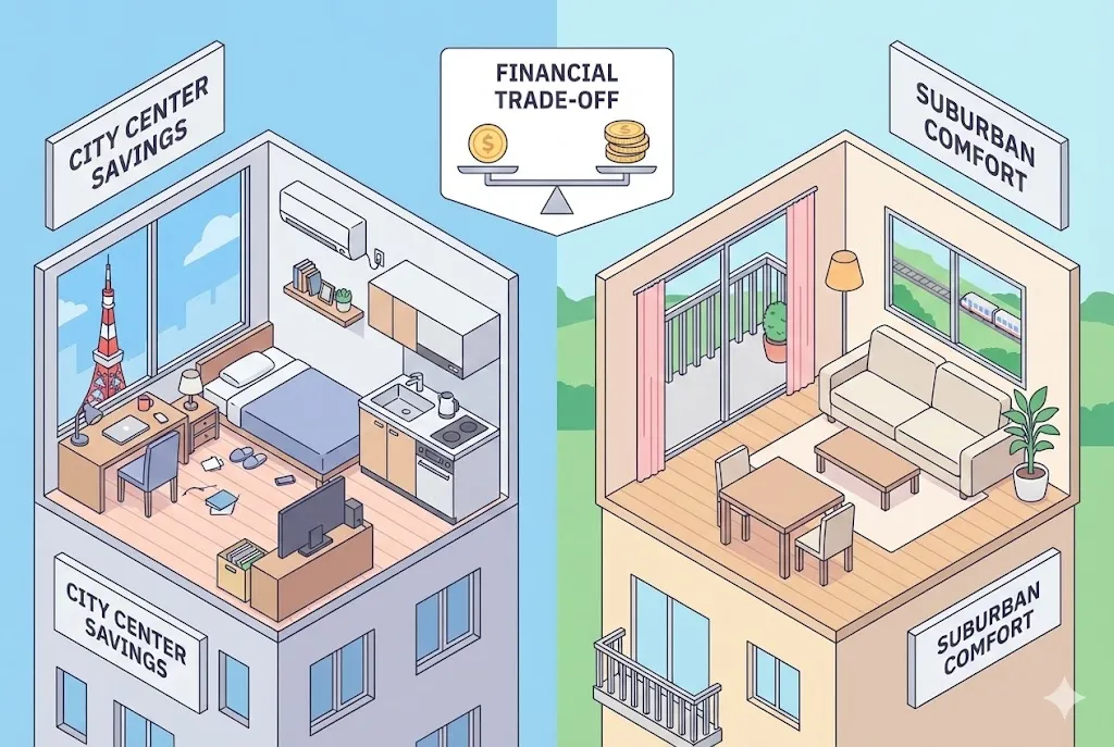 Minh họa so sánh căn hộ nhỏ ở trung tâm thành phố và căn hộ rộng rãi ở ngoại ô