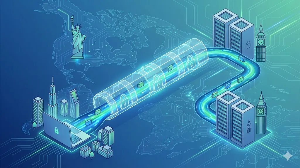 Hình minh họa VPN như một đường hầm bảo mật vượt biên giới